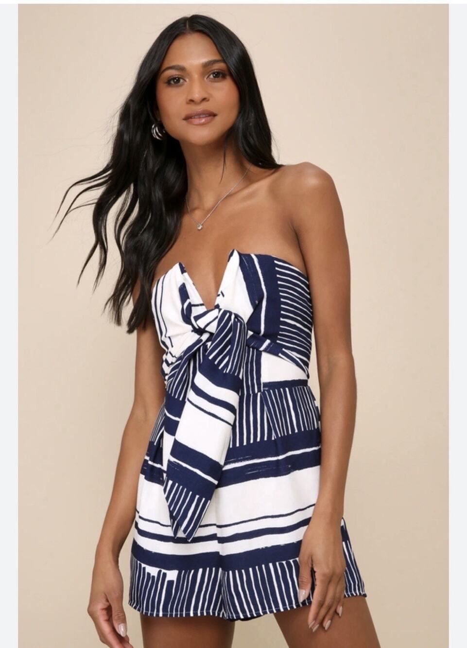 Lulu's Navy & White Strapless Tie-Front Romper